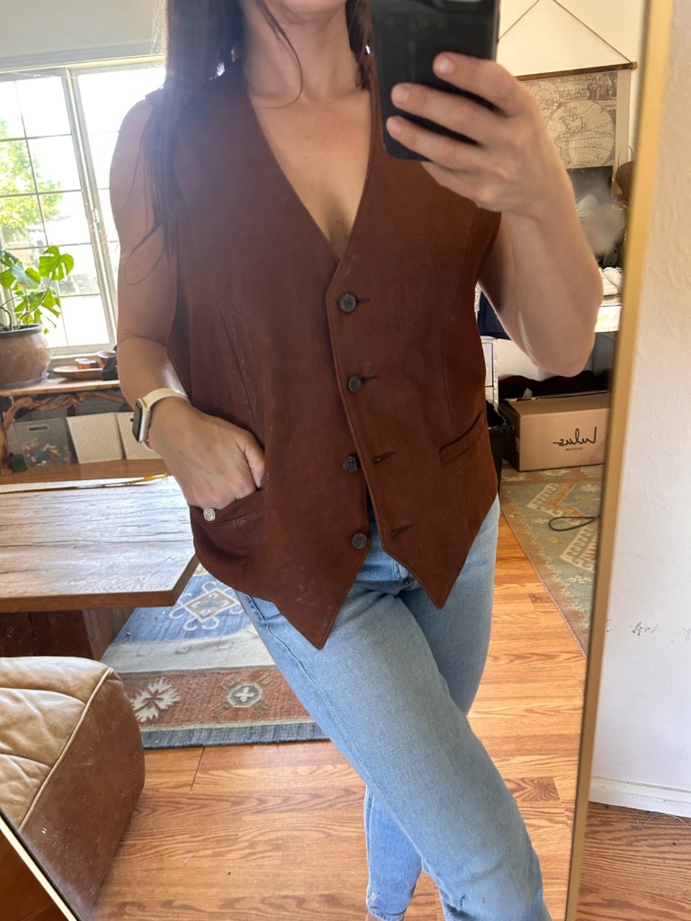 Incredible western style Brown 100% real Leather Button-Front Vest - Picture 3 of 12